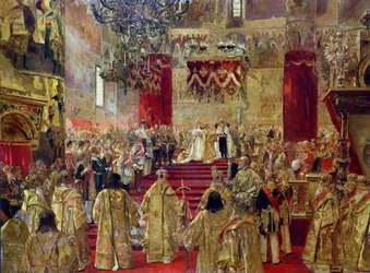Studie zur Krönung von Zar Nikolaus II. und Zarin Alexandra in der Mariä-Entschlafens-Kathedrale, Moskau, 14. Mai 1896